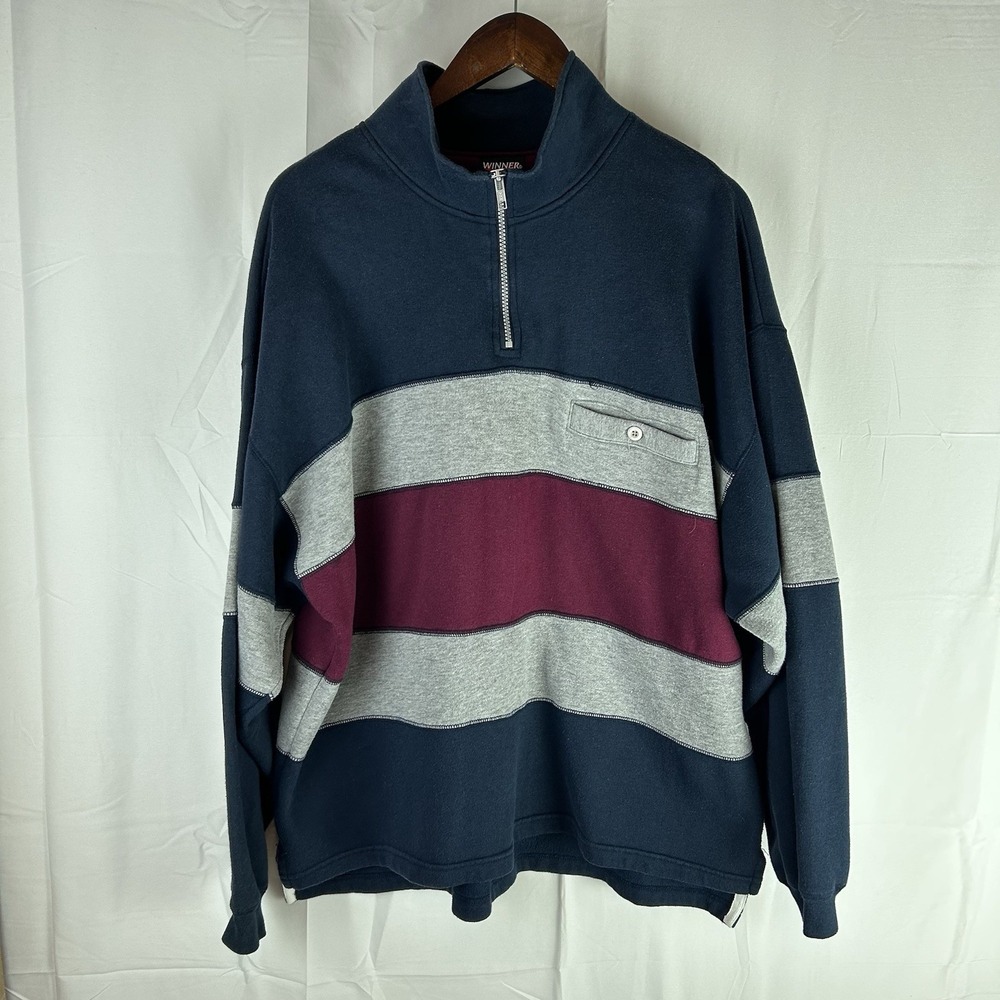 VTG Winner Quarter-Zip Sweatshirt Mens XL Red Blue Gray Colorblock‎